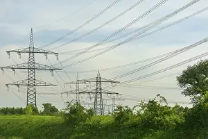 German Power Industry Drucke: Electricity pylons on the A9, Thuringia, Germany