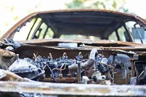Deserted Germany Scene Drucke: Engine compartment, burnt out car wreck