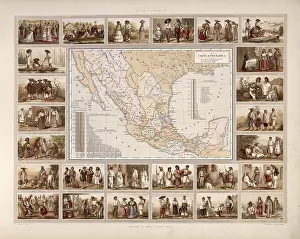 Drucke von Ethnographische Karte Mexikos, Stämme, indigene Völker, lokale Gruppen, um 1900, Illustration, Reproduktion eines Modells aus dem 19. Jahrhundert Karte Drucke: Ethnographische Karte Mexikos, Stämme.