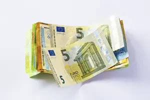 German Currency Drucke: Euro, stack of banknotes, detail