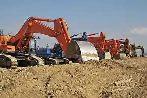 European Construction Work Drucke: Excavators working on large construction site