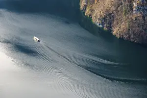 Mountain Lake Landscape Photography Drucke: Excursion boat at Konigssee from above
