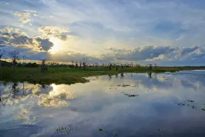 Atmospheric Evening Light Mood Drucke: Expansive marshland at sunset with dramatic sky and cloud reflection in the water