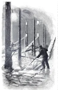Woodcut Illustration Drucke: Extraction of natural ice for cooling