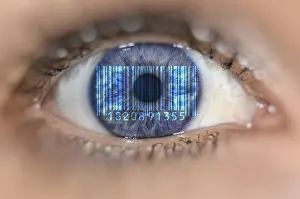 Computer Crime Prevention Drucke: Detail of eye with barcode EAN