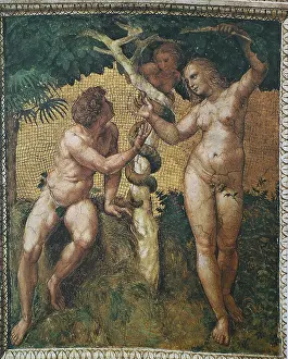Drucke von Die Fall des Menschen, Fresko im Vatikan, von Raffaello Sanzio da Urbino, auch Raffael da Urbino, Raffaello Santi, Raffaello Sanzio, Raphael, italienischer Maler, Italien Vatikanstadt Drucke: Der Fall des Menschen, Fresko im Vatikan.