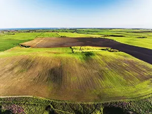 Top Down View Of British Countryside Drucke: Farm and Fields over Bempton Cliffs from a drone