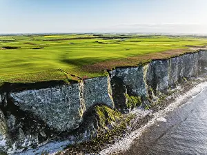 British Countryside Drone Shot Drucke: Farm and Fields over Bempton Cliffs from a drone