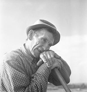 European Agricultural Heritage Drucke: Farmer in the 1940s. An elderly man is having a rest from the work on the fields