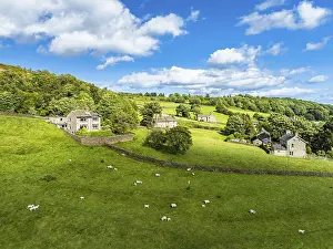 Farmland View From Above Drucke: Farms and Fields over Cononley and River Aire from a drone