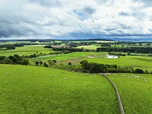 England Countryside Landscape Drucke: Farms and Fields over River Eden and River Eamont from a drone