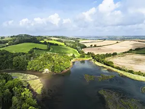 Drone Photography Cornwall Drucke: Farms and Fields over St John's Lake from a drone