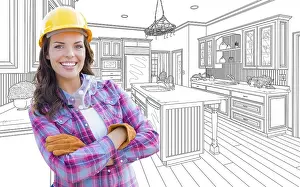 Construction Industry Images Drucke: Female construction worker with hard hat