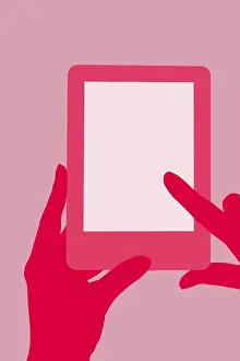 Education Illustration Drucke: Female hand touching a tablet. Reading