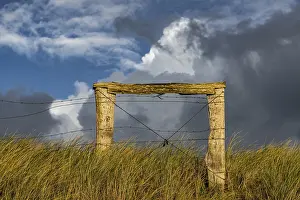 Deserted Dune Landscape Drucke: Fence in dune landscape with cloudy sky