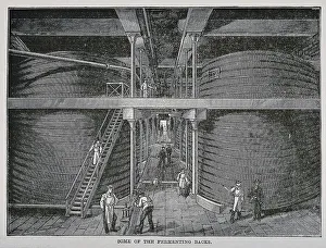 Scottish Whisky Production Drucke: Fermenting flasks and workers in a whiskey distillery