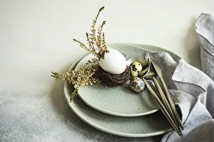 Decorated Easter Eggs Drucke: Festive table setting for holiday Easter dinner decorated with eggs