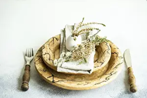 Decorated Easter Eggs Drucke: Festive table setting for holiday Easter dinner decorated with eggs