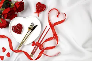 Red Rose Bouquet Photography Drucke: Festive table setting, menu layout for Valentine's day