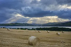 Agricultural Landscape UK Drucke: Field with bales of straw under a sky full of dramatic rays of light