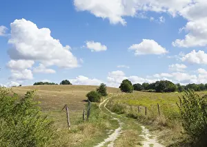 East Germany Nature Reserve Drucke: Field path through hilly landscape