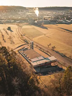 Southern German Countryside Scene Drucke: Fields, buildings and trees in warm light seen from above
