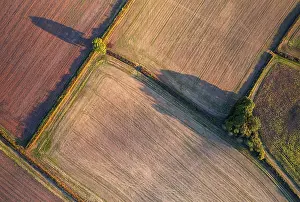 High Angle Farm Field View Drucke: Top Down over Fields and Farmlands from a drone