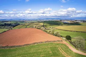 Aerial View Of Devon England Drucke: Fields and Farmlands in spring from a drone