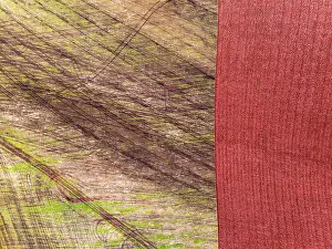 Top Down View Of Farmland Drucke: Top Down over Fields and farms from a drone