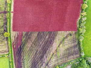 Top Down View From Drone Drucke: Top Down over Fields and farms from a drone