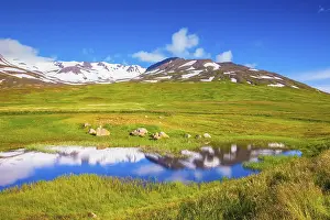 Drucke von Die Felder sind mit frischem grünem Gras überwuchert. Die Hügel sind mit Schnee bedeckt und werden in einem kleinen See gespiegelt. Sommer Island Verwandte Bilder Drucke: Die Felder überwachsen mit frischem grünem Gras.