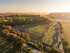 Morning Landscape Photography Drucke: Fields and trees in soft light and light dawn