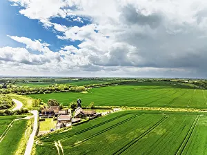 European Landscape Photo Drucke: Fields and Windmill from a drone
