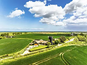 European Landscape Photo Drucke: Fields and Windmill from a drone