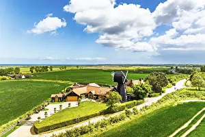 British Countryside Drone Shot Drucke: Fields and Windmill from a drone