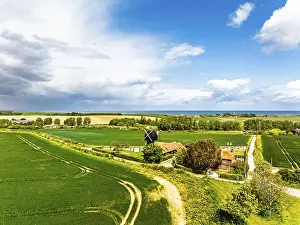 European Landscape Photo Drucke: Fields and Windmill from a drone