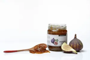 Exotic Dessert Ideas Drucke: Fig jam in a jar and spoon with fig jam