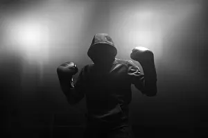 Boxing Concept Image Drucke: Fighter without a face is standing with his hands up