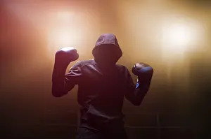 Boxing Concept Image Drucke: Fighter without a face is standing with his hands up