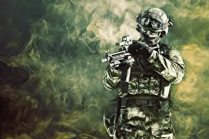 Special Unit Fighter Drucke: The fighter of a special unit performs a dangerous mission