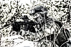 Special Unit Fighter Drucke: The fighter of a special unit performs a dangerous mission