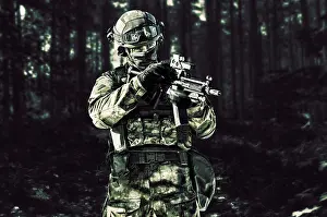 Special Unit Fighter Drucke: The fighter of a special unit performs a dangerous mission
