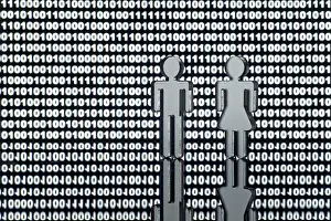 Symbolic Picture Representation Drucke: Two figures in front of binary code