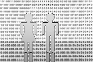 Digital Composing Concept Drucke: Two figures in front of binary code