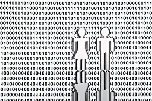 Digital Composing Symbol Drucke: Two figures in front of binary code