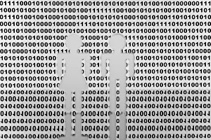 Digital Composing Symbol Drucke: Two figures in front of binary code
