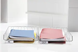 Indoor Still Life Photography Drucke: Filing baskets with folders, in, out