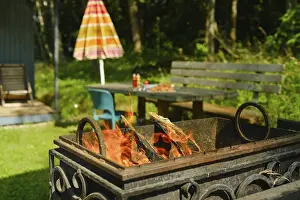 Summer Leisure Activity Drucke: Fire pit burns wood in backyard setting