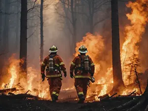 Firefighters In Action Drucke: Two firefighters walking into a forest on fire