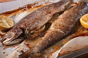 Fresh Fish Nutrition Facts Drucke: Two fish are being cooked on a baking sheet in a home kitchen